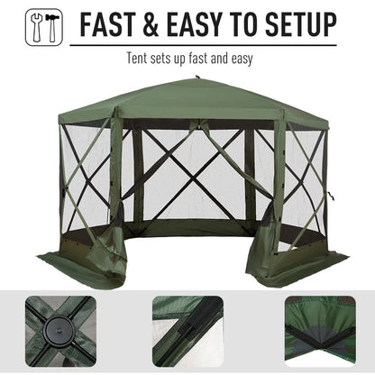 Carpa hexagonal Outsunny 3,6 m x 3,6 m con mosquitera – Pabellón plegable portátil con paredes de malla, bolsa de transporte y espacio sombreado, color verde