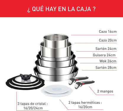 Tefal Ingenio Preference On Set of 2 Frying Pans 24/28 cm + 2 Saucepans 16/20 cm + 24 cm Pot + 26 cm Wok + 2 Removable Handles + 5 Accessories | Induction Safe, Non-Stick, PFOA Free