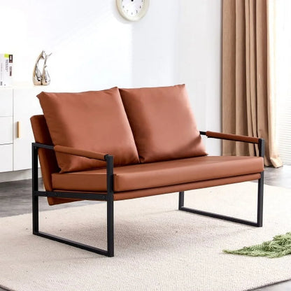 Sofá moderno de 2 plazas con 2 cojines – cuero PU, espuma de alta densidad, estructura metálica negra revestida, color marrón