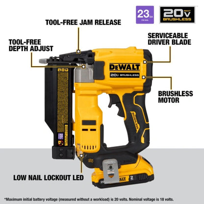 2025 Clavadora sin cable DeWalt ATOMIC 20V MAX Brushless – Kit 23 Ga, para clavos de 16 a 38 mm