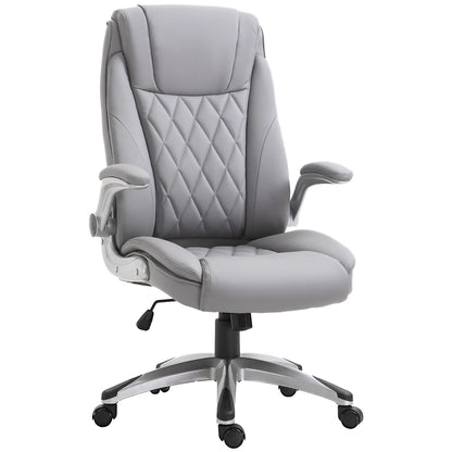 2025 Silla de Oficina de Cuero PU con Reposabrazos Abatibles, Altura Ajustable y Ruedas Giratorias, Gris