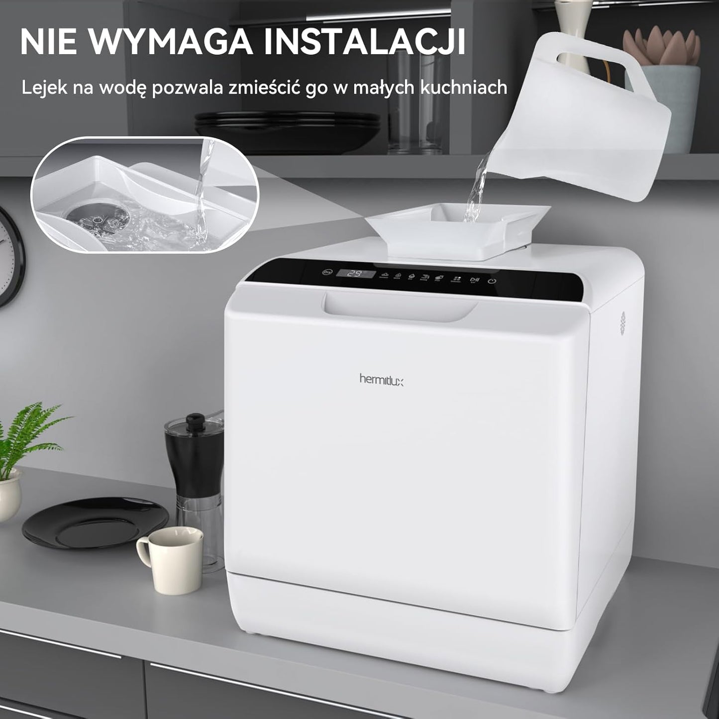 Mini zmywarka stołowa, do użytku z i bez podłączenia do wody, szerokość 43 cm, miejsce na 4 sztućce, do użytku na kempingu, 175 kWh/rok, biały