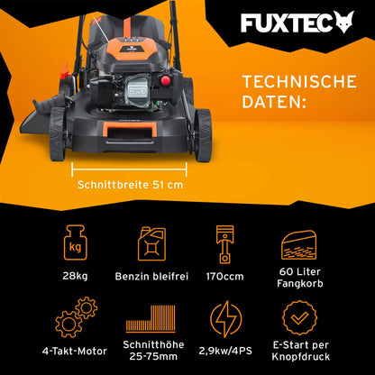 2025 Cortacésped de gasolina 4 en 1 FUXTEC FX-RM5196eS con motor ZIPGO, cortacésped de jardín con función de descarga lateral, ancho de corte 51 cm, motor de 4 tiempos con tracción trasera, ruedas grandes con rodamientos, bolsa de césped 60 L