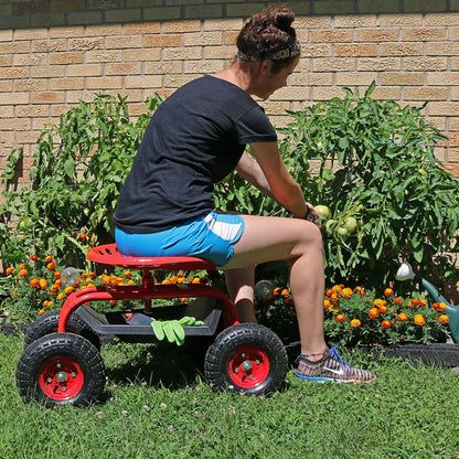 2025 Carrito de Jardín Rodante Sunnydaze con Asiento Giratorio de 360 Grados y Bandeja para Herramientas