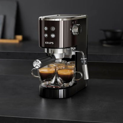 Krups Virtuoso Essential - Cafetera espresso 15 bar, acero inox negro, diseño compacto y elegante, parada automática, espresso y cappuccino, Thermoblock, boquilla de vapor, incluye cuchara, XP4418