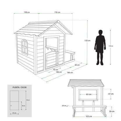 Casita Infantil De Madera Robincool 1,2 M² De 116x138x132 Cm Diseño Abierto Con Ventanas Y Banco Exterior
