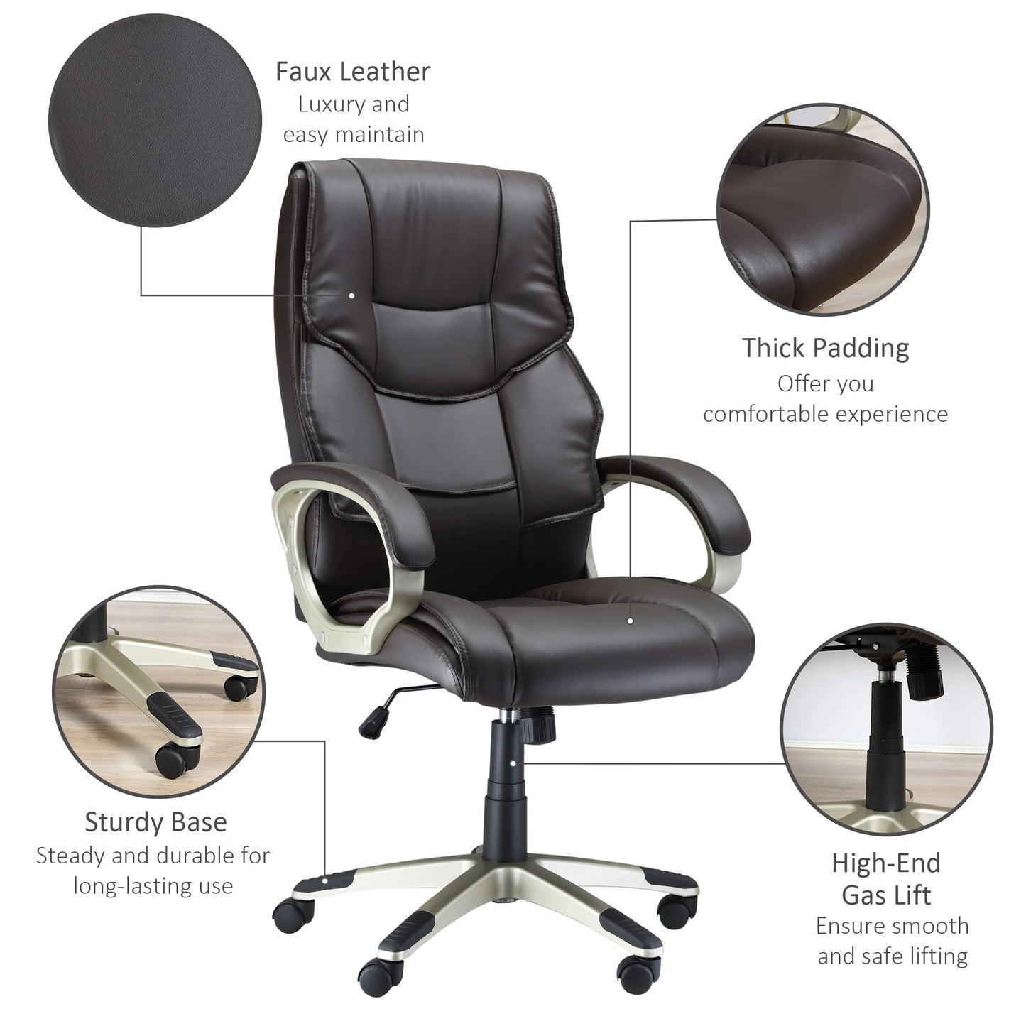 Silla de Oficina con Respaldo Alto, Sillón Giratorio de Cuero Sintético con Altura Ajustable, Marrón