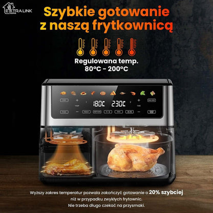 Frytkownica beztłuszczowa z okienkiem Extralink Dual Basket, 2 komory, 2500 W, 6,5 l i 3,5 l, srebrna