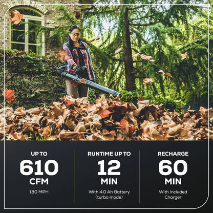 2025 Soplador de mochila inalámbrico 80V 610 CFM con boquilla única, batería de 4.0Ah y cargador