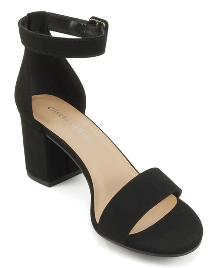 CityClassified CAKE-S Black Women Low Chunky Block Heel Sandals Open Toe Ankle Strap Faux Suede Summer Dress Shoes - Accent Foot Fashions