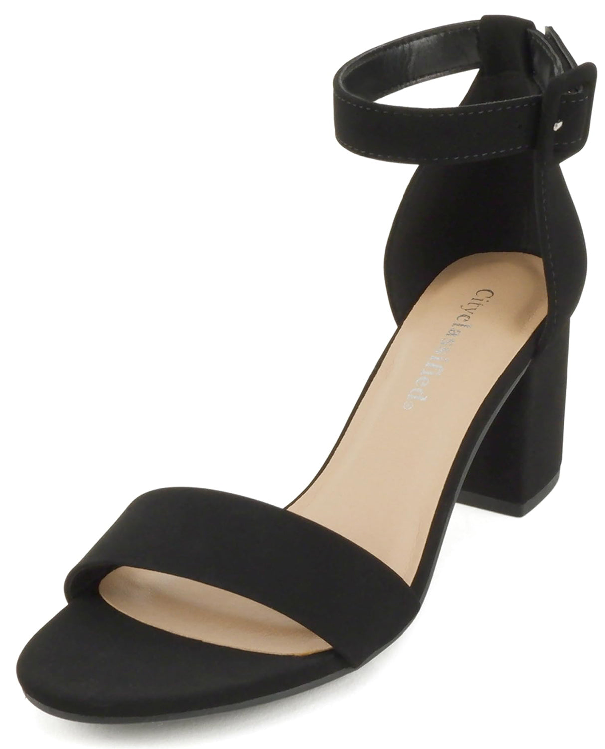 CityClassified CAKE-S Black Women Low Chunky Block Heel Sandals Open Toe Ankle Strap Faux Suede Summer Dress Shoes - Accent Foot Fashions
