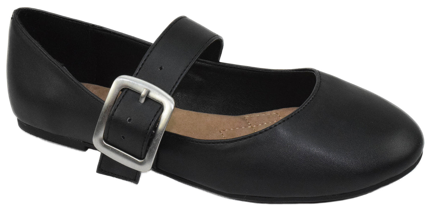 City Classified DISH-H Black Women Casual Ballet Flats Gold Buckled Mary Jane PU Faux Leather Comfortable Slip-On Shoes - Accent Foot Fashions