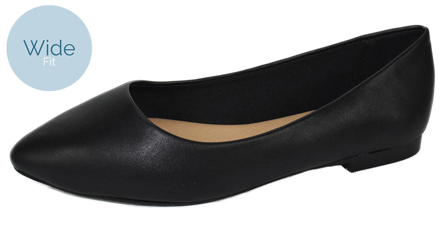 City Classified W-HOLD Black Women Casual Flat Shoes Wide Width Fit Pointed Toe PU Faux Leather Comfortable Slip-Ons - Accent Foot Fashions
