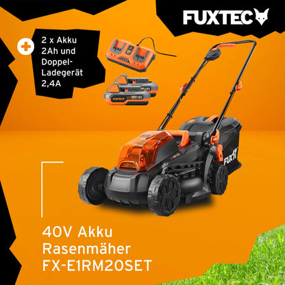 2025 Cortacésped inalámbrico FUXTEC 40V (2x20V) E1RM20 con 2 baterías Li-Ion 20V 2Ah y cargador doble – Ancho de corte 33 cm, altura de corte variable