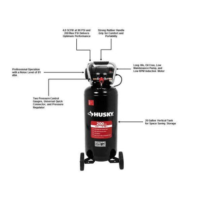 2025 Compresor de aire eléctrico portátil vertical Husky 20 galones, 200 PSI, sin aceite – Modelo C202H