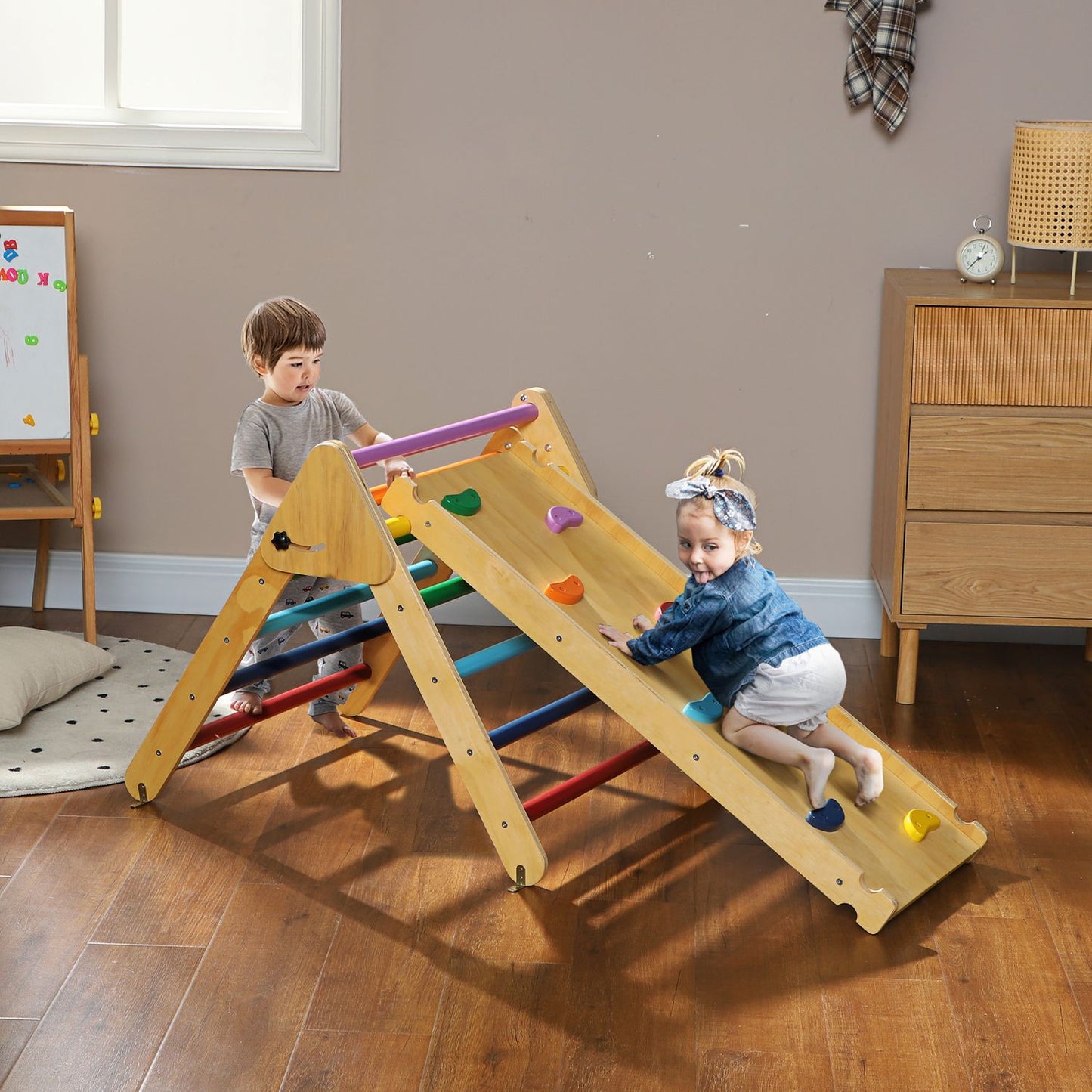 Triángulo De Escalada De Madera 3 En 1 Con Rampa Multicolor Aiyaplay