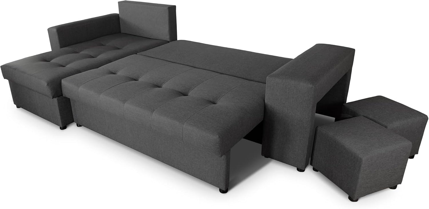 NAWSTOL - Sofa narożna Leon z funkcją spania i skrzynią na pościel – nowoczesna sofa do salonu – możliwość montażu z lewej lub prawej strony (szara + biała sztuczna skóra)