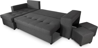 NAWSTOL - Sofa narożna Leon z funkcją spania i skrzynią na pościel – nowoczesna sofa do salonu – możliwość montażu z lewej lub prawej strony (szara + biała sztuczna skóra)