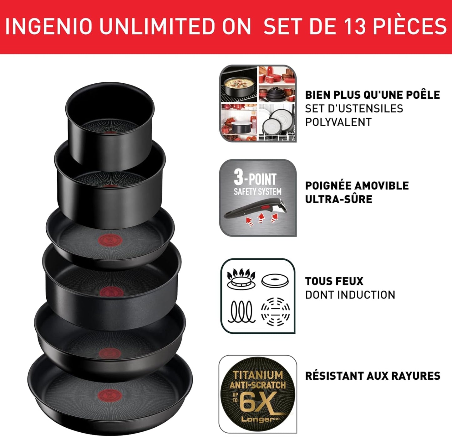 Tefal Ingenio Unlimited On - Juego de 3 Cazos 16/18/20 cm + Mango extraíble | Apto inducción, antiadherentes, revestimiento titanio, Thermo-signal, sin PFOA, apto lavavajillas y horno