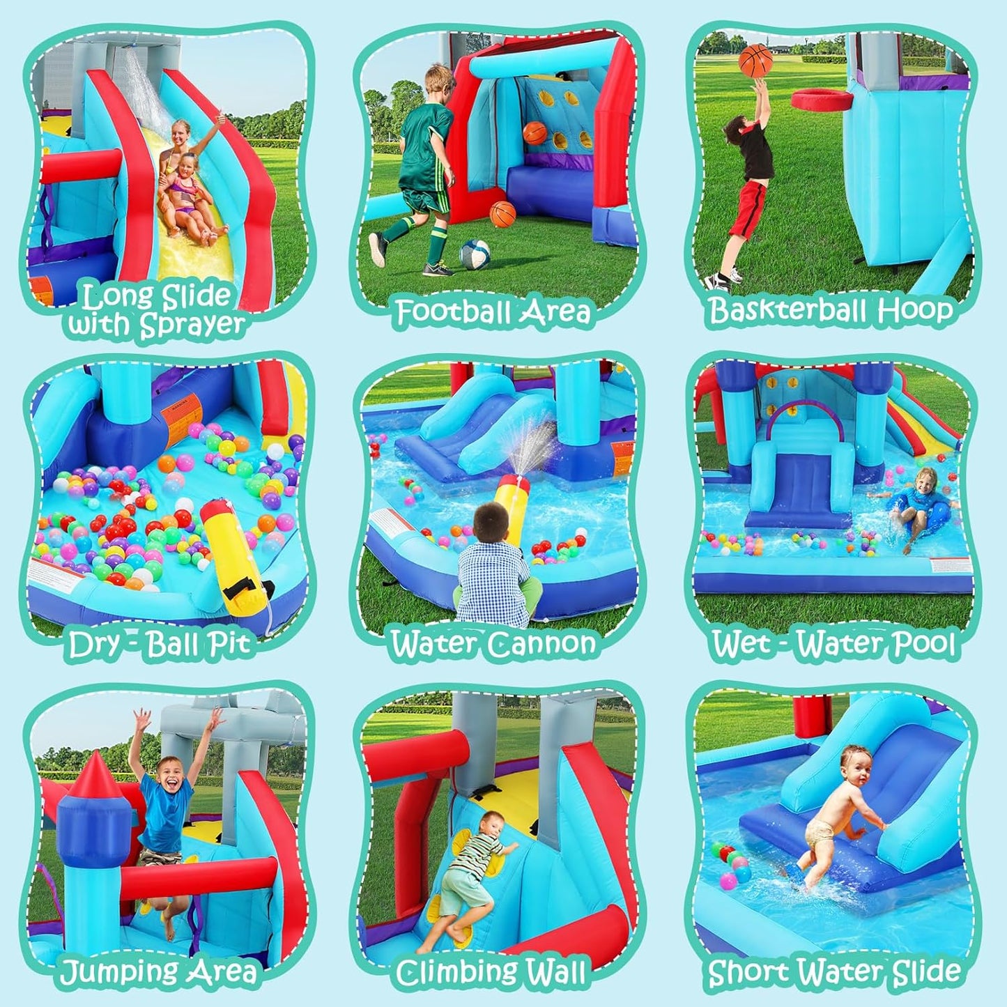 Tobogán acuático inflable 8-en-1 para niños: castillo inflable parque acuático con soplador de 450W, muro de escalada, piscina, 2 pistolas de agua, canasta de baloncesto, tobogán, rociador de cocodrilo – perfecto como regalo y para fiestas en el jard