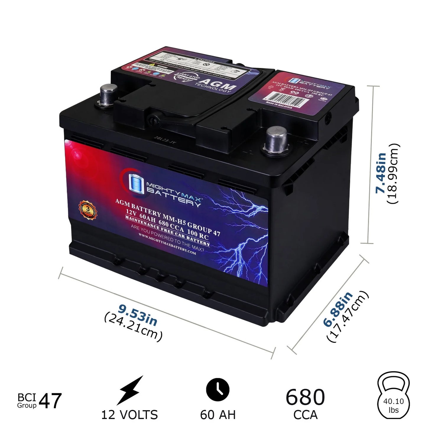 Batería de repuesto MM-H5 Grupo 47 12V 60Ah 100RC 680CCA – Compatible con Hyundai Accent 2014–2017