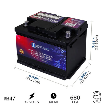 Batería de coche recargable MM-H5 Start-Stop, tamaño BCI grupo 47, 12 V 60 AH, 100 RC, 680 CCA, tecnología AGM.