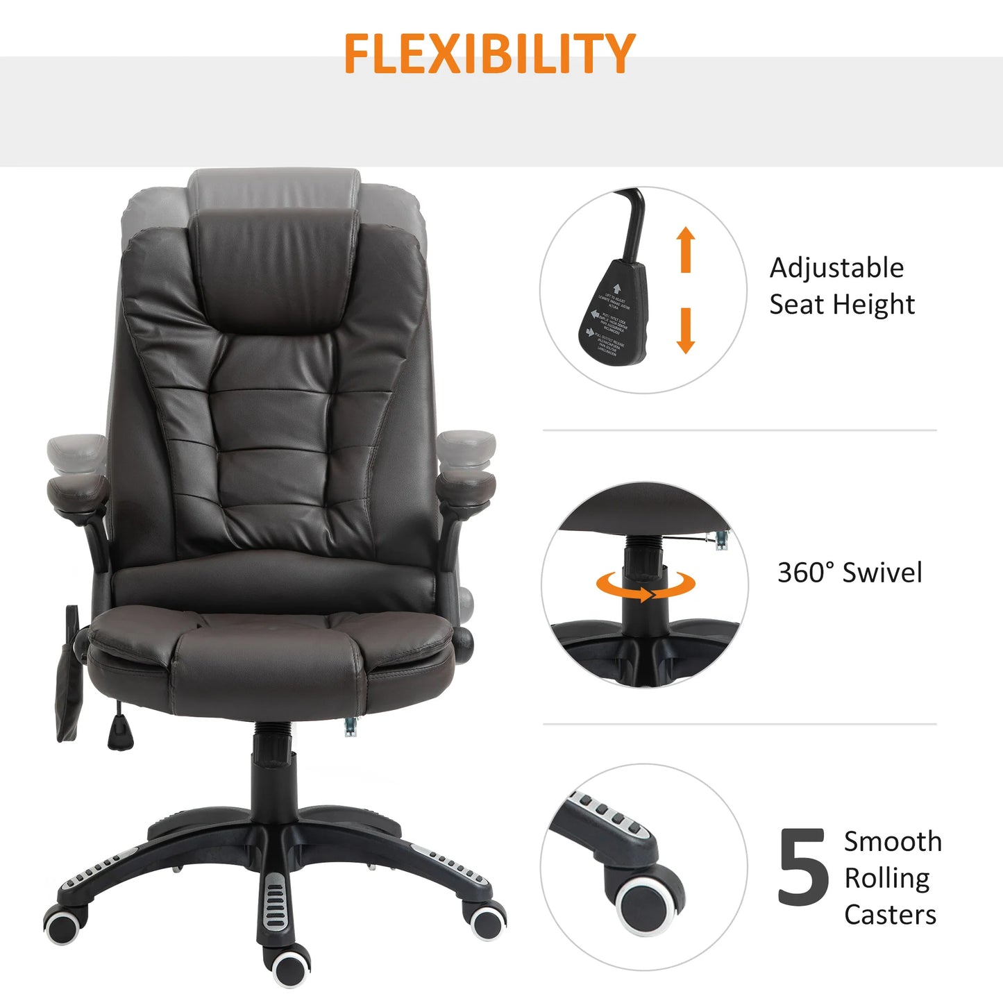 Silla de oficina ejecutiva con masaje y calefacción, sillón de oficina de cuero PU con respaldo alto, marrón