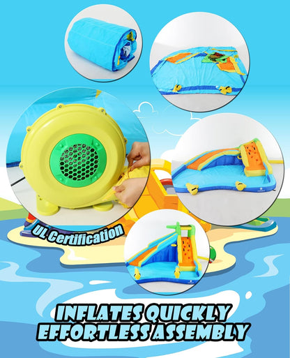 Tobogán acuático inflable 8-en-1 para niños: castillo inflable parque acuático con soplador de 450W, muro de escalada, piscina, 2 pistolas de agua, canasta de baloncesto, tobogán, rociador de cocodrilo – perfecto como regalo y para fiestas en el jard