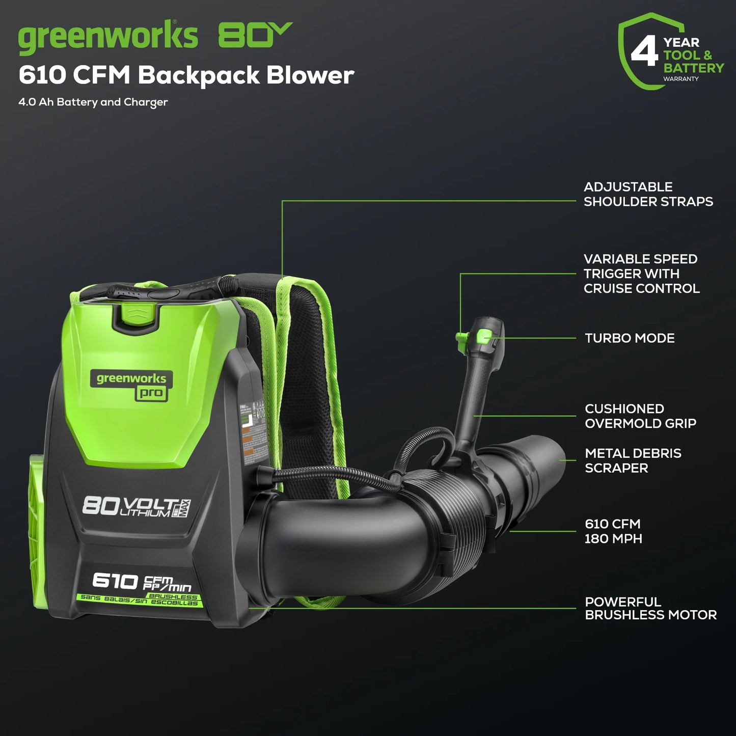 2025 Soplador de mochila inalámbrico 80V 610 CFM con boquilla única, batería de 4.0Ah y cargador