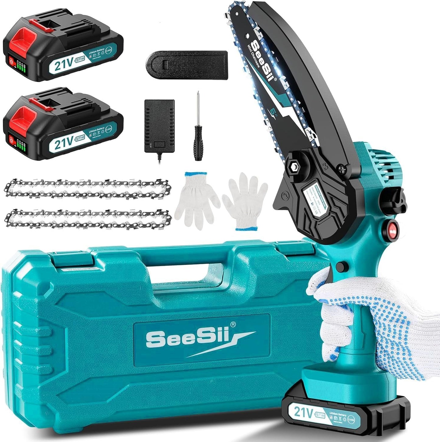 SEESII 2-in-1 Cordless Chain Saw and Mini Chainsaw with 2 4000mAh Batteries, 8 Inch Brushless Chainsaw with Telescopic Pole, Extendable up to 15 Feet for Tree Pruning