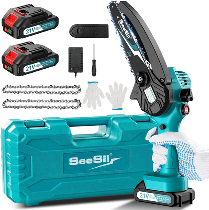 SEESII 2-in-1 Cordless Chain Saw and Mini Chainsaw with 2 4000mAh Batteries, 8 Inch Brushless Chainsaw with Telescopic Pole, Extendable up to 15 Feet for Tree Pruning