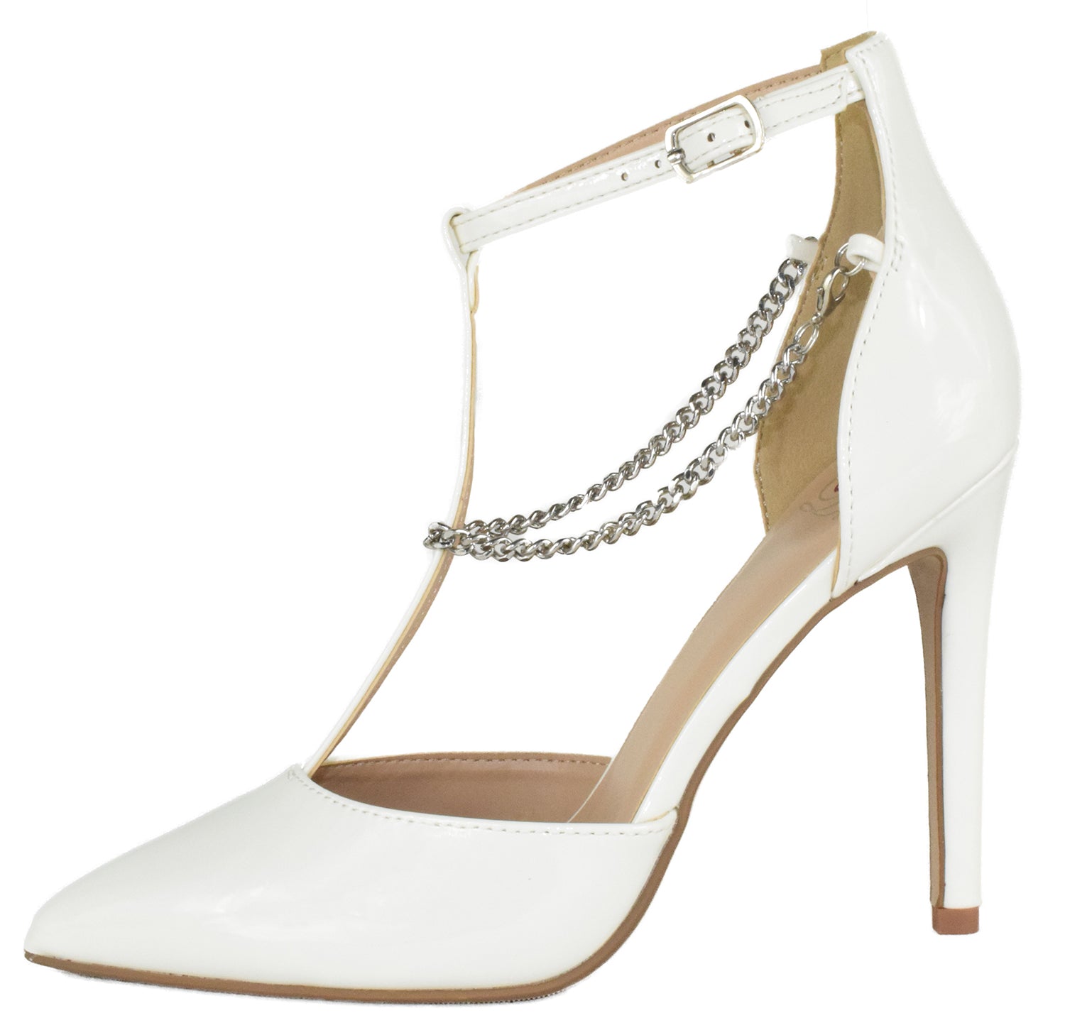 Delicious MESA-S White Patent Women Stiletto Heels Pointed Toe Ankle Strap Pumps Removable Chain Anklet Dress Shoes - Accent Foot Fashions