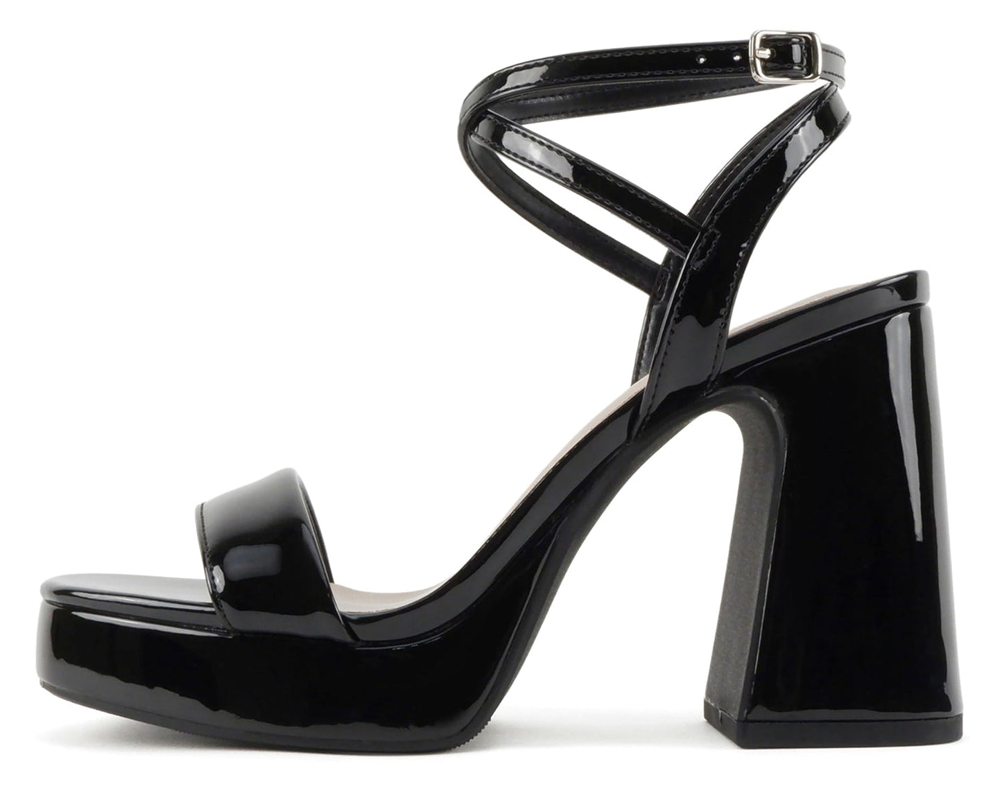 Delicious MUFFIN-S Black Patent Women Block High Heel Sandals Ankle Strap Open Toe Platform Faux Leather Dress Shoes - Accent Foot Fashions