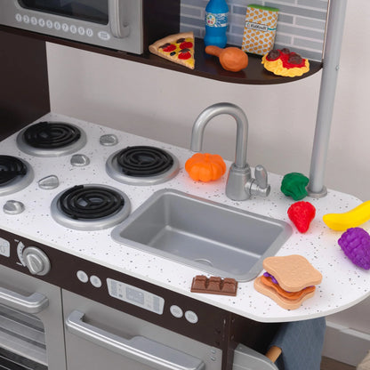 2025 Cocina de madera KidKraft Uptown Espresso con 30 accesorios de alimentos lúdicos