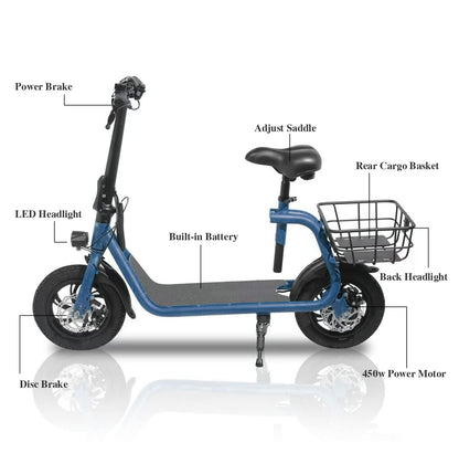 Patinete eléctrico plegable para adultos con asiento, motor sin escobillas de 450 W, neumáticos todoterreno de 12 pulgadas, autonomía de 32 km, ligero y portátil.