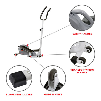 Sunny Health & Fitness Elíptica magnética compacta con manillar – stepper portátil para entrenamiento en casa, modelo SF-E3988.