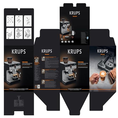 Krups Virtuoso Essential - Cafetera espresso 15 bar, acero inox negro, diseño compacto y elegante, parada automática, espresso y cappuccino, Thermoblock, boquilla de vapor, incluye cuchara, XP4418