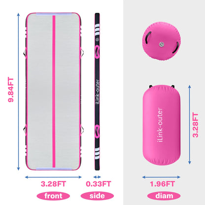 Colchón de gimnasia inflable Airtrack de 3 metros con rodillo, tapiz de entrenamiento de 10 cm de grosor con kit de bomba eléctrica – para casa, gimnasio o al aire libre.