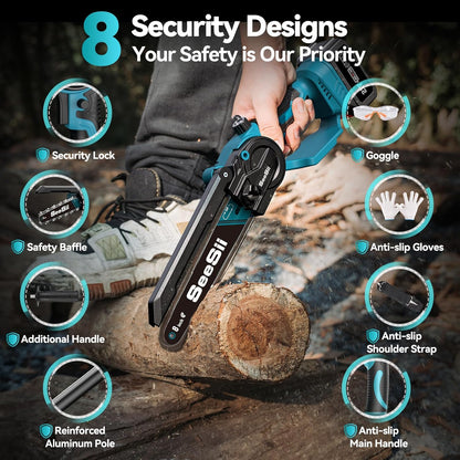 SEESII 2-in-1 Cordless Chain Saw and Mini Chainsaw with 2 4000mAh Batteries, 8 Inch Brushless Chainsaw with Telescopic Pole, Extendable up to 15 Feet for Tree Pruning