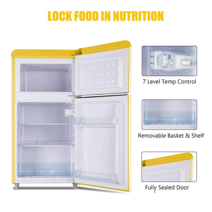 Mini refrigerador WANAI, 3.5 pies cúbicos, doble puerta con congelador, amarillo