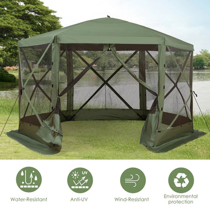 Carpa hexagonal Outsunny 3,6 m x 3,6 m con mosquitera – Pabellón plegable portátil con paredes de malla, bolsa de transporte y espacio sombreado, color verde
