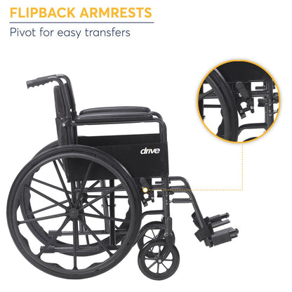 2025 Silla de ruedas Drive Medical Silver Sport 1 con reposabrazos completos y reposapiés removibles y abatibles