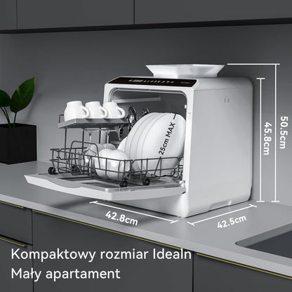 Mini zmywarka stołowa, do użytku z i bez podłączenia do wody, szerokość 43 cm, miejsce na 4 sztućce, do użytku na kempingu, 175 kWh/rok, biały