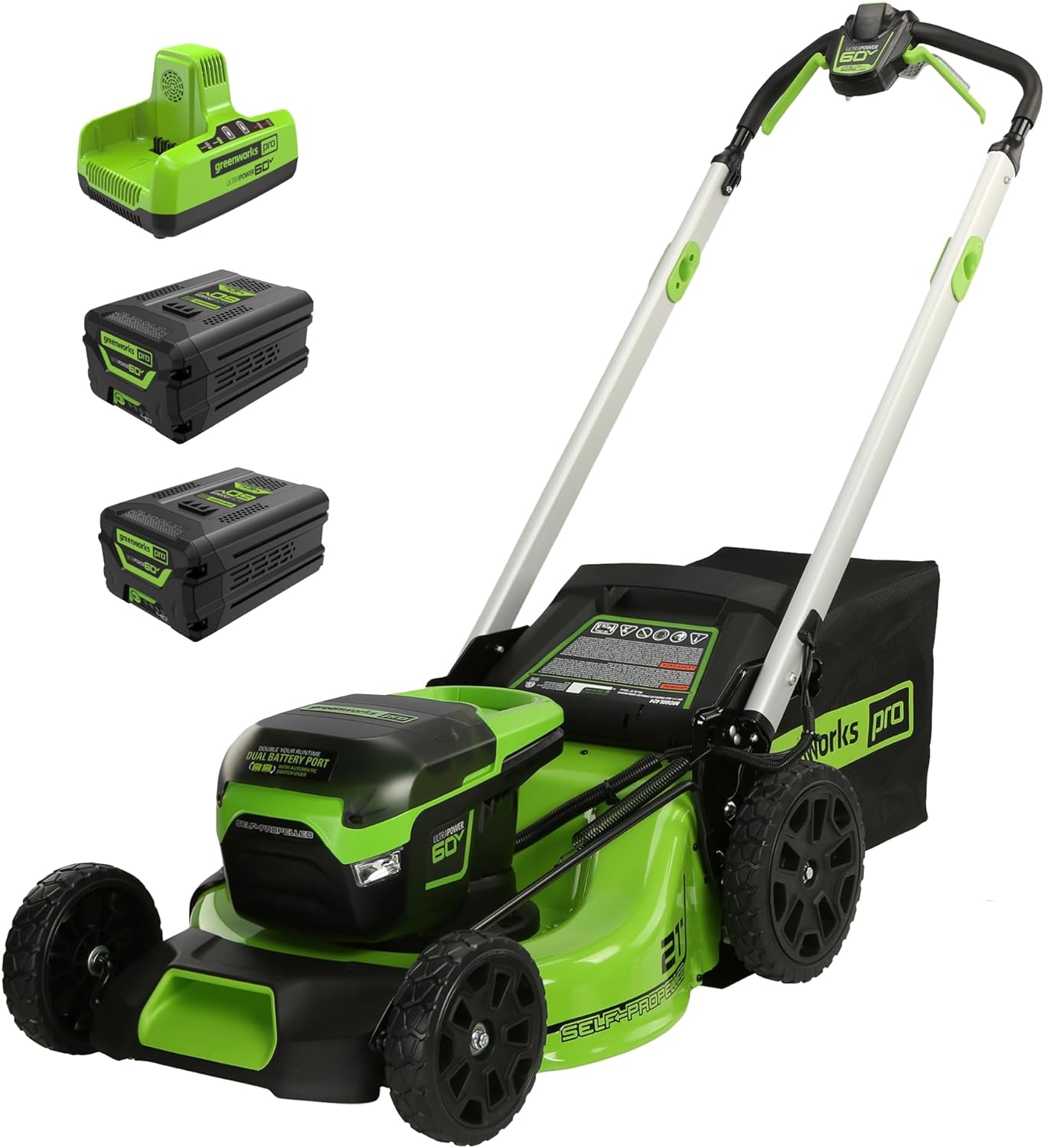 2025 Cortacésped inalámbrico Greenworks 60V 21″ (autopropulsado) con 2 baterías de 4,0 Ah y cargador rápido de doble puerto