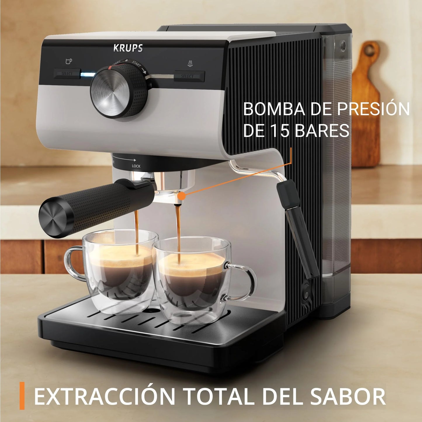 Krups Virtuoso Essential - Cafetera espresso 15 bar, acero inox negro, diseño compacto y elegante, parada automática, espresso y cappuccino, Thermoblock, boquilla de vapor, incluye cuchara, XP4418