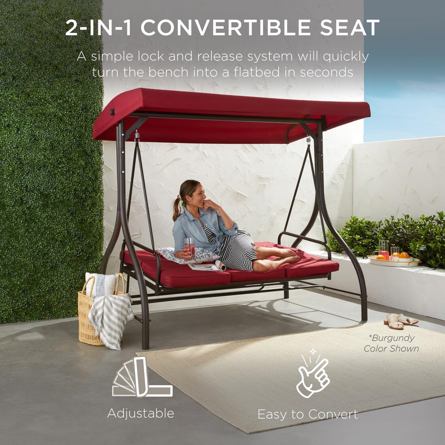 2025 Columpio de Jardín de 3 Asientos con Techo Convertible de Gran Tamaño