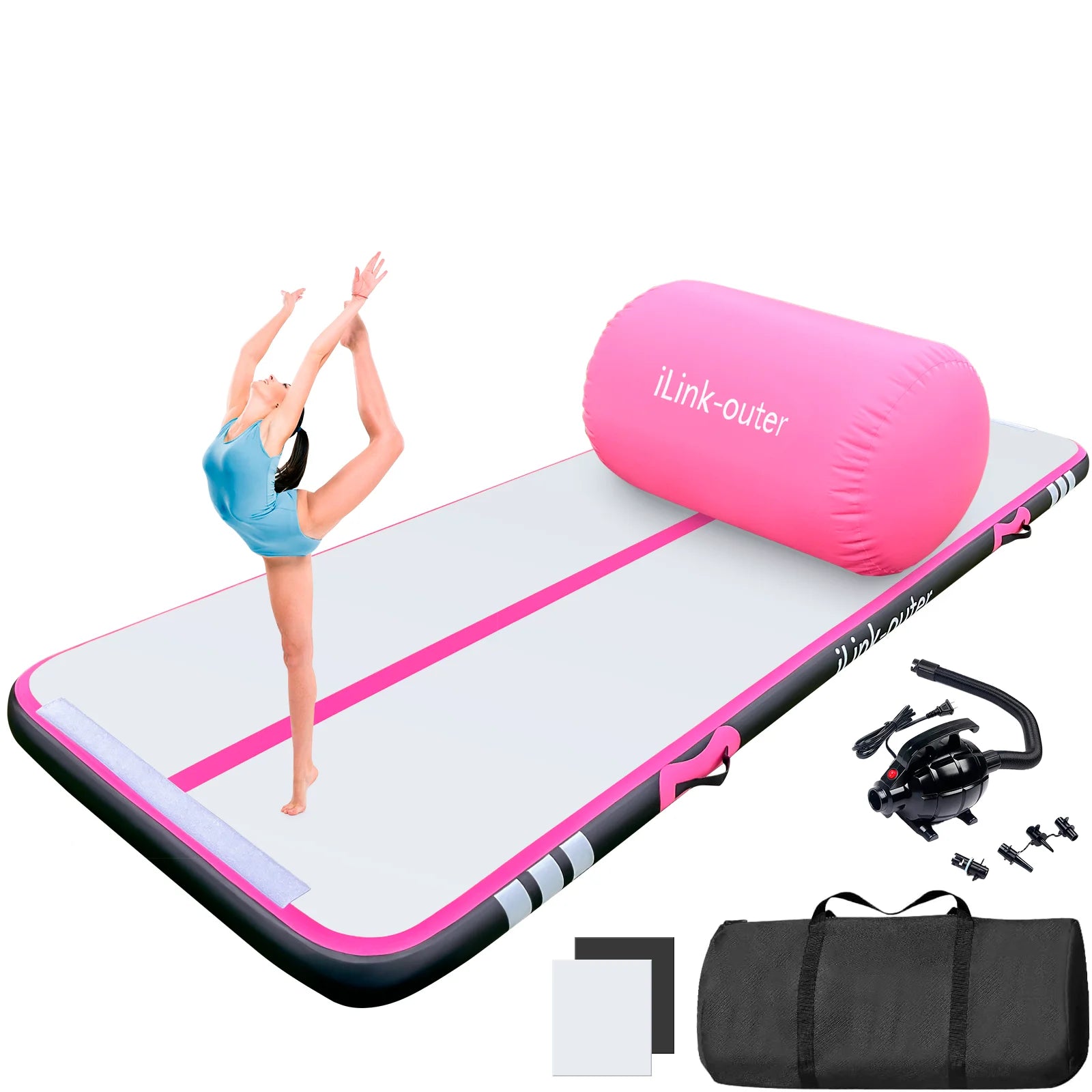 Colchón de gimnasia inflable Airtrack de 3 metros con rodillo, tapiz de entrenamiento de 10 cm de grosor con kit de bomba eléctrica – para casa, gimnasio o al aire libre.