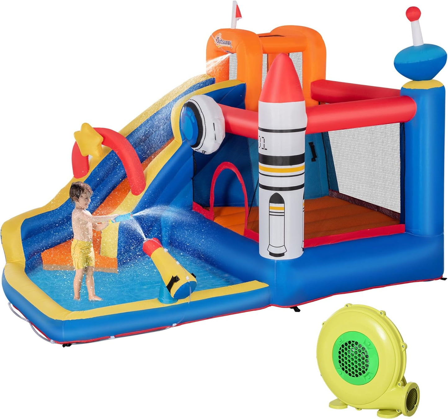Outsunny Inflatable Game for Kids 3-8 Years Old Space Theme Oxford Fabric with Carry Bag, 11 Stakes and Patches Included, 340 x 270 x 227 cm