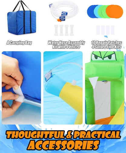 Tobogán acuático inflable 8-en-1 para niños: castillo inflable parque acuático con soplador de 450W, muro de escalada, piscina, 2 pistolas de agua, canasta de baloncesto, tobogán, rociador de cocodrilo – perfecto como regalo y para fiestas en el jard