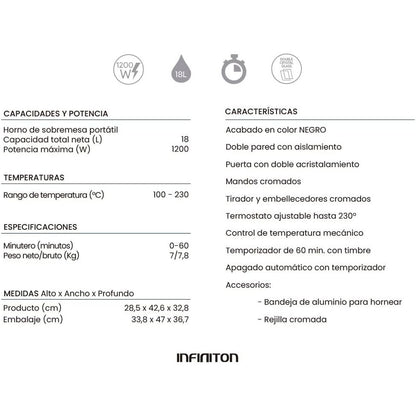 Infiniton Hsm-a18n – Horno Sobremesa, Negro, 18l, 1200w, Doble Acristalamiento, Control De Temperatura, Temporizador 60 Min.